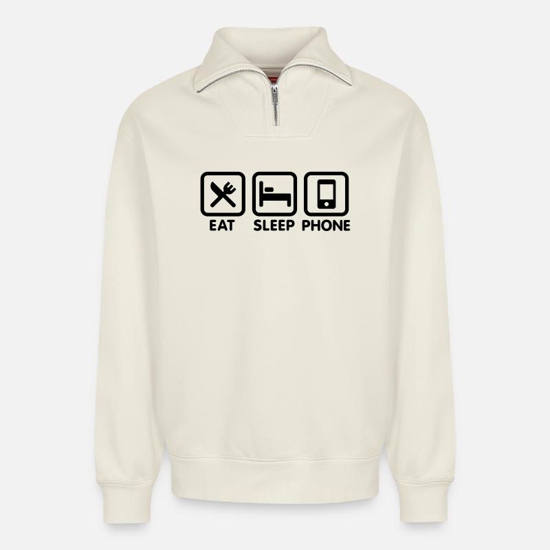 Essen Schlaftelefon - Relaxed Unisex Organic Half Zip Sweatshirt – von SPREAD - Naturweiß