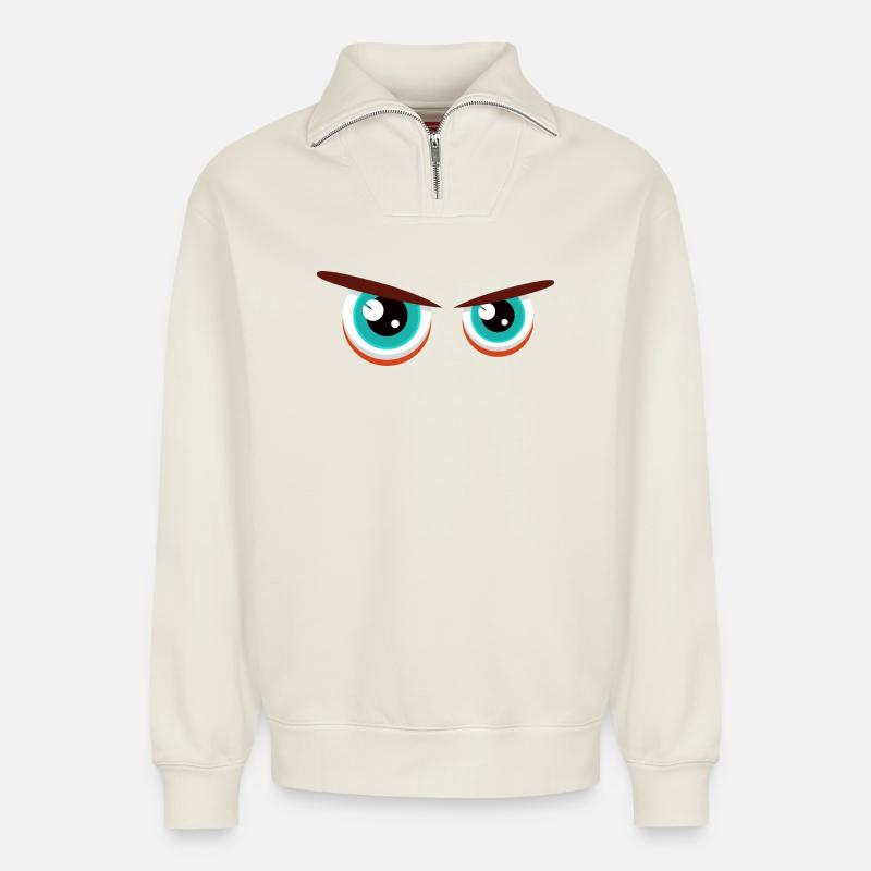 Intensive Blickblicke mit angespannter Mimik - Relaxed Unisex Organic Half Zip Sweatshirt – von SPREAD - Naturweiß
