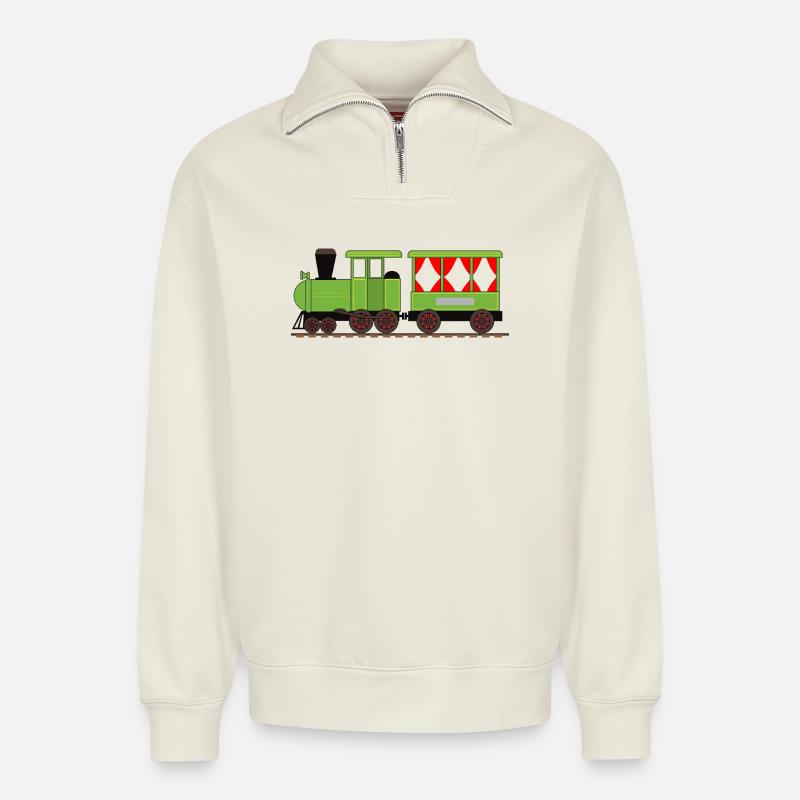 Dampflok Zug Eisenbahn - Relaxed Unisex Organic Half Zip Sweatshirt – von SPREAD - Naturweiß
