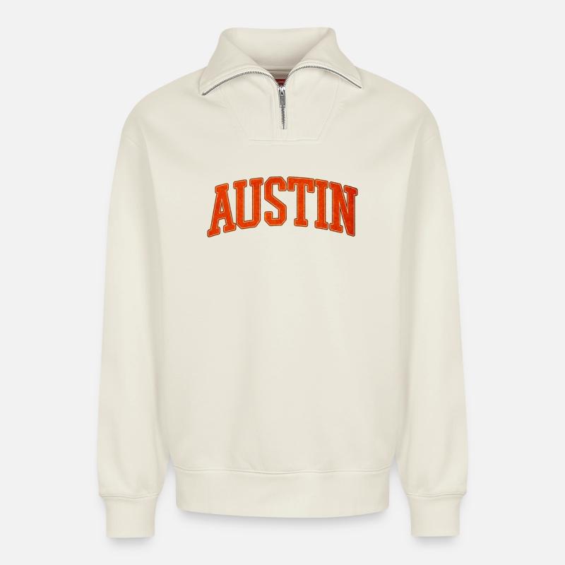 Austin Varsity Schriftzug - Relaxed Unisex Organic Half Zip Sweatshirt – von SPREAD - Naturweiß