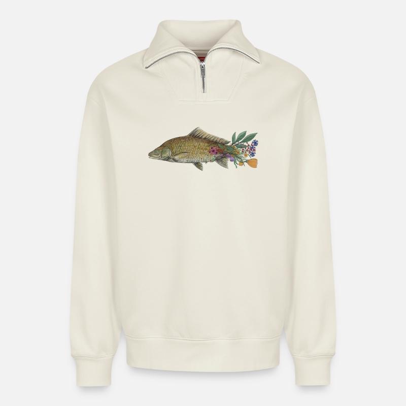 Der Karpfen - Relaxed Unisex Organic Half Zip Sweatshirt – von SPREAD - Naturweiß