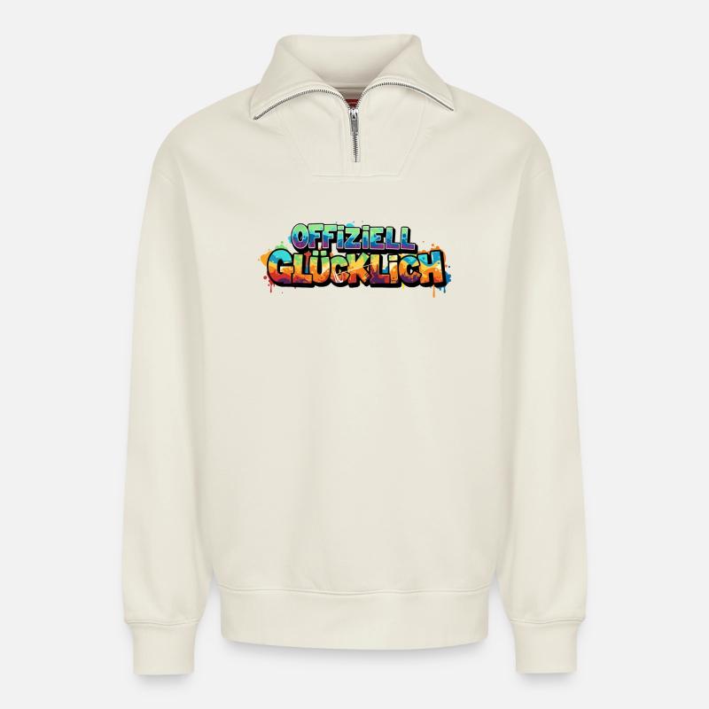 Offiziell Glücklich Version 2 - Relaxed Unisex Organic Half Zip Sweatshirt – von SPREAD - Naturweiß