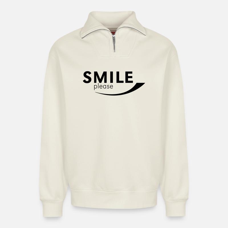Smile please - Sweat unisexe décontracté en coton biologique à demi-zip – de SPREAD - blanc cassé
