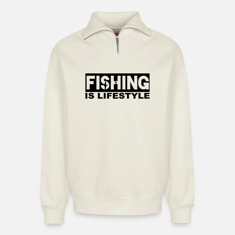 Fishing is lifestyle - Relaxed Unisex Organic Half Zip Sweatshirt – von SPREAD - Naturweiß