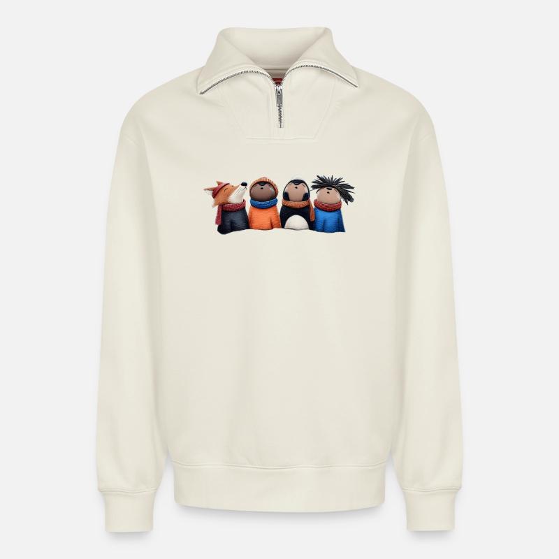 Nachtwache Wooligans – Lustige Waldtiere - Relaxed Unisex Organic Half Zip Sweatshirt – von SPREAD - Naturweiß