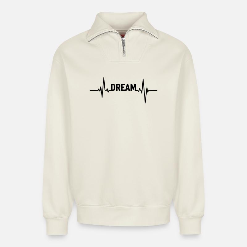 Dream Herzschlag – Inspirational Design - Relaxed Unisex Organic Half Zip Sweatshirt – von SPREAD - Naturweiß