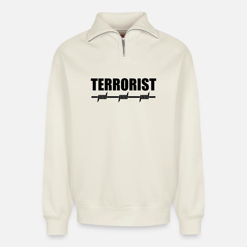 Terrorist - Relaxed Unisex Organic Half Zip Sweatshirt – von SPREAD - Naturweiß