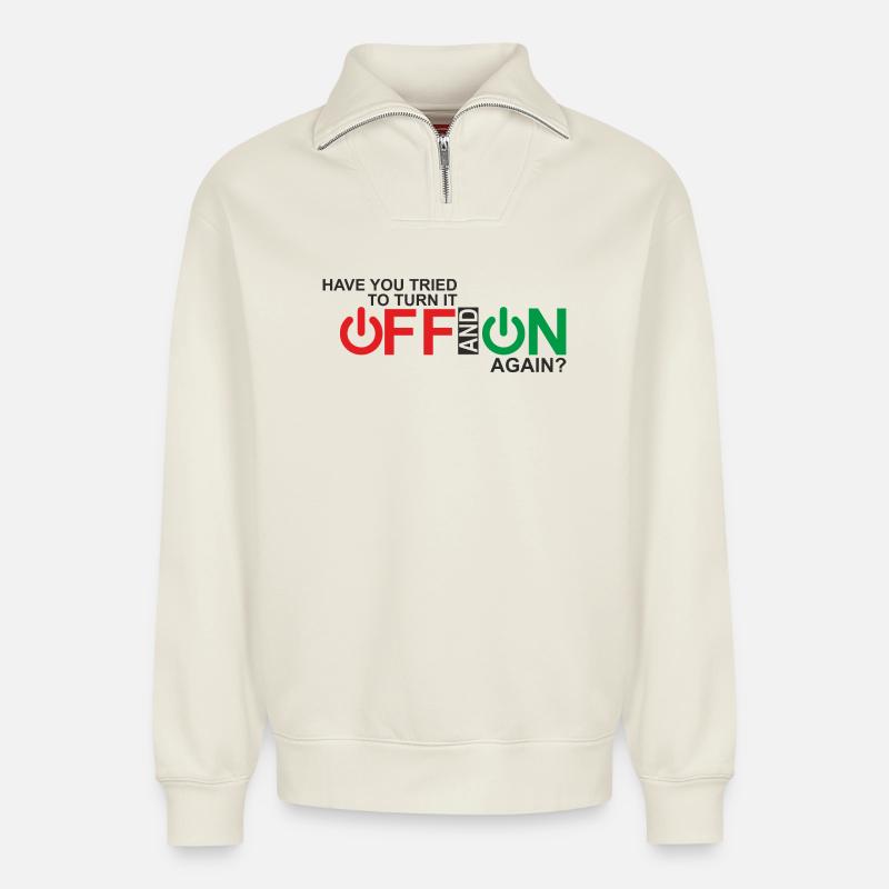 Lebendiges Design der Ein-/Aus-Taste - Relaxed Unisex Organic Half Zip Sweatshirt – von SPREAD - Naturweiß