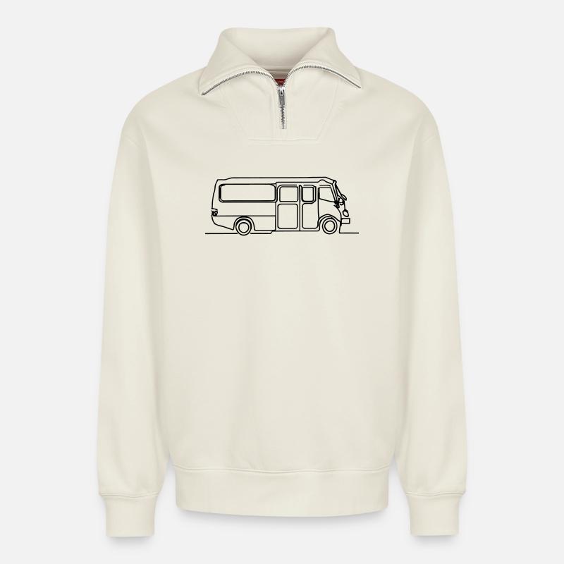 Dessin animé de bus - Sweat unisexe décontracté en coton biologique à demi-zip – de SPREAD - blanc cassé