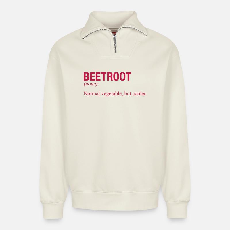 BEETROOT Rote Bete - Relaxed Unisex Organic Half Zip Sweatshirt – von SPREAD - Naturweiß