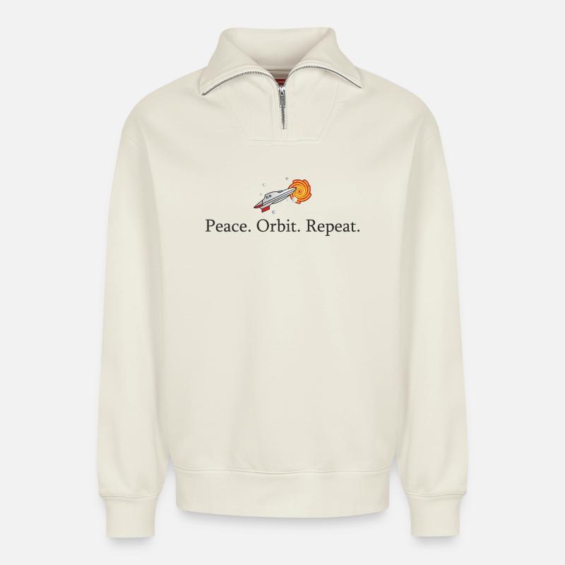 Peace Orbit Repeat Rocket - Relaxed Unisex Organic Half Zip Sweatshirt – by SPREAD - off white