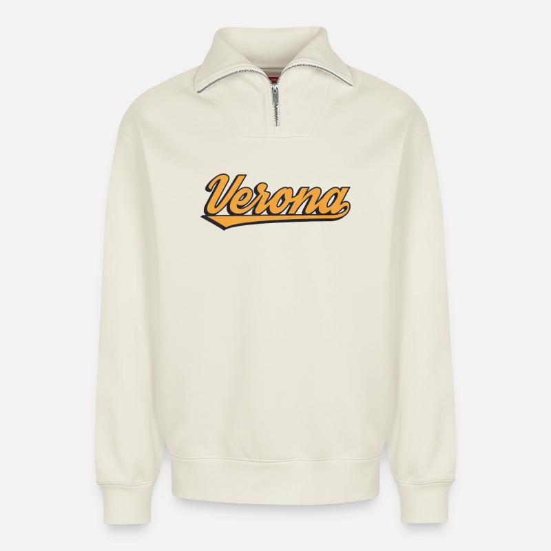 Verona Retro Script Logo - Relaxed Unisex Organic Half Zip Sweatshirt – by SPREAD - off white