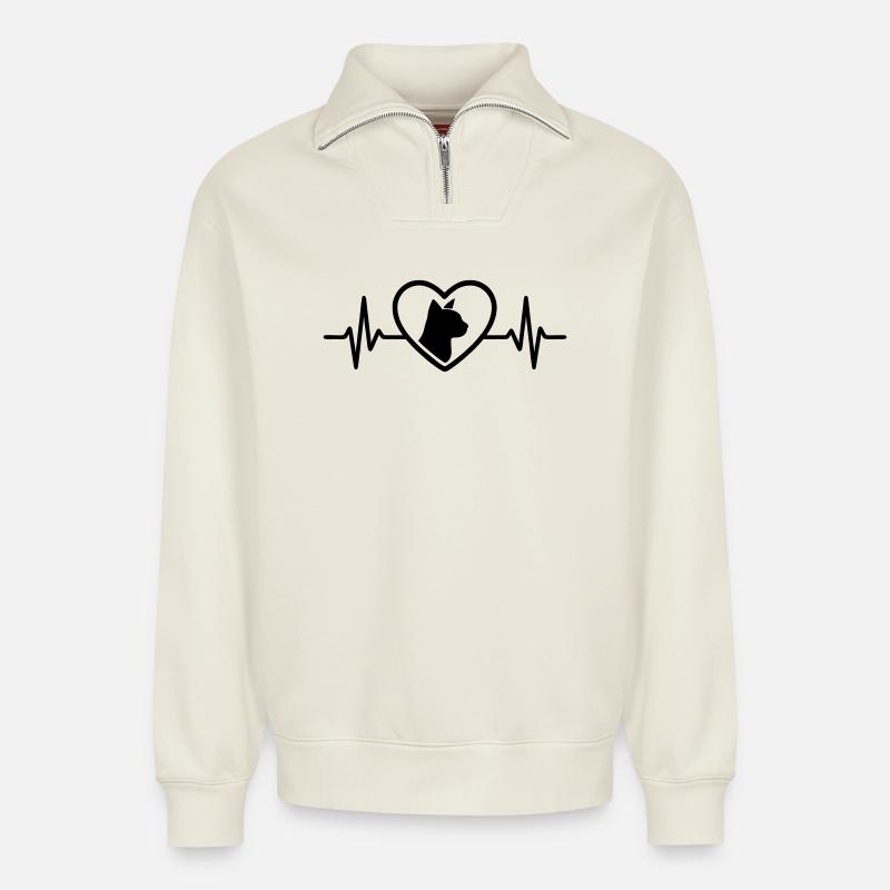 Chat Chat Cœur - Sweat unisexe décontracté en coton biologique à demi-zip – de SPREAD - blanc cassé