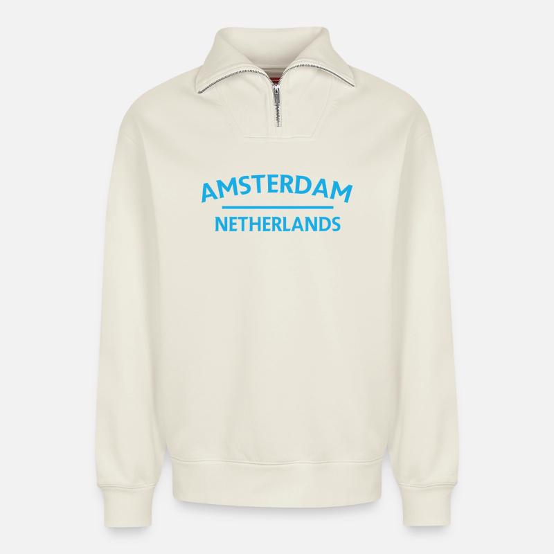 Textdesign Amsterdam – Pays-Bas - Sweat unisexe décontracté en coton biologique à demi-zip – de SPREAD - blanc cassé