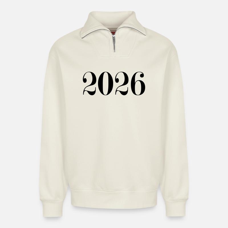 2026 - une nouvelle année - Sweat unisexe décontracté en coton biologique à demi-zip – de SPREAD - blanc cassé