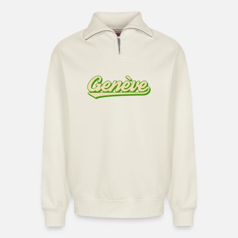 Genève Retro Script Limette - Relaxed Unisex Organic Half Zip Sweatshirt – von SPREAD - Naturweiß