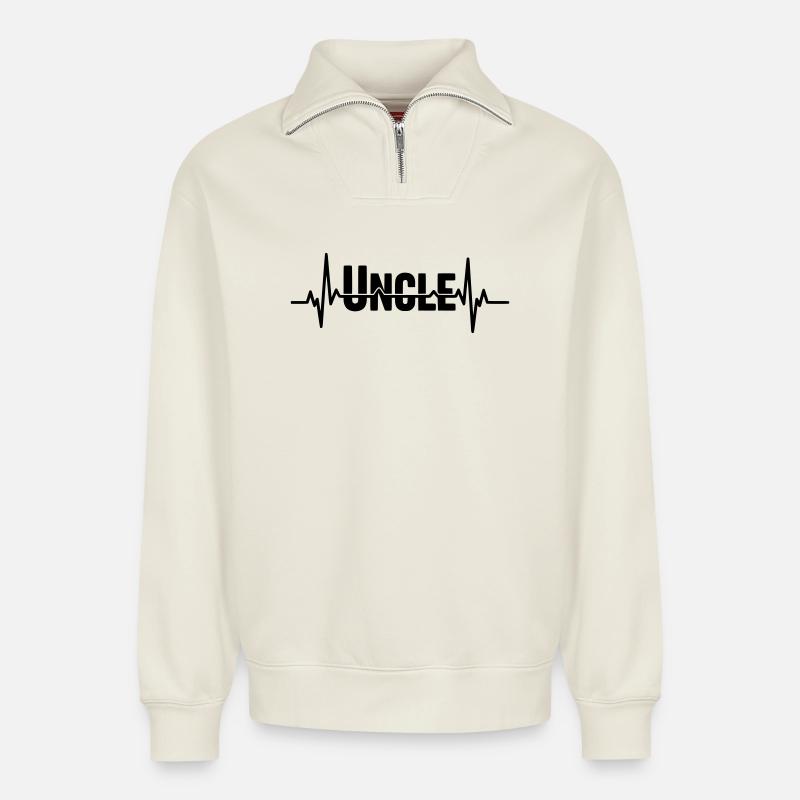 Uncle Schriftzug mit Herzschlag - Relaxed Unisex Organic Half Zip Sweatshirt – von SPREAD - Naturweiß