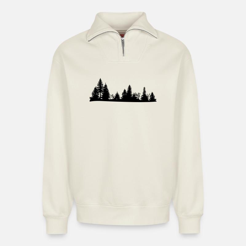 Silhouette noire d'une forêt - Sweat unisexe décontracté en coton biologique à demi-zip – de SPREAD - blanc cassé