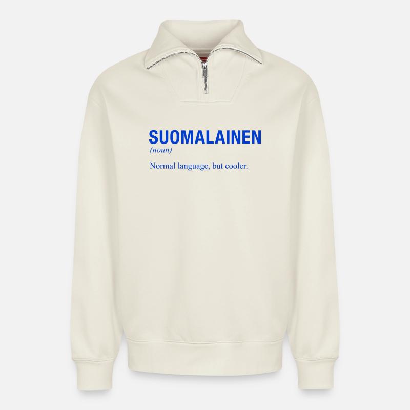 FINNISH LANGUAGE - Relaxed Unisex Organic Half Zip Sweatshirt – by SPREAD - off white