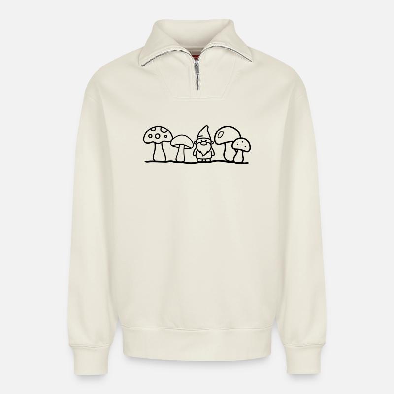 Dwarf with mushrooms - Relaxed Unisex Organic Half Zip Sweatshirt – by SPREAD - off white