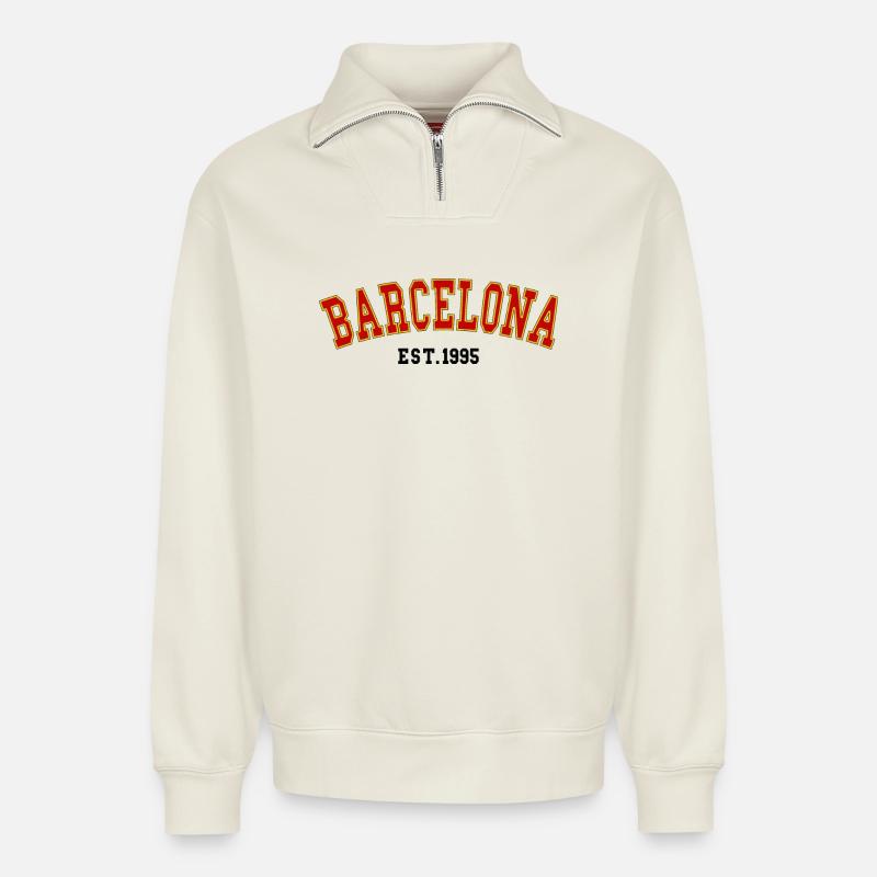 Barcelona_Est_1995 - Relaxed Unisex Organic Half Zip Sweatshirt – von SPREAD - Naturweiß