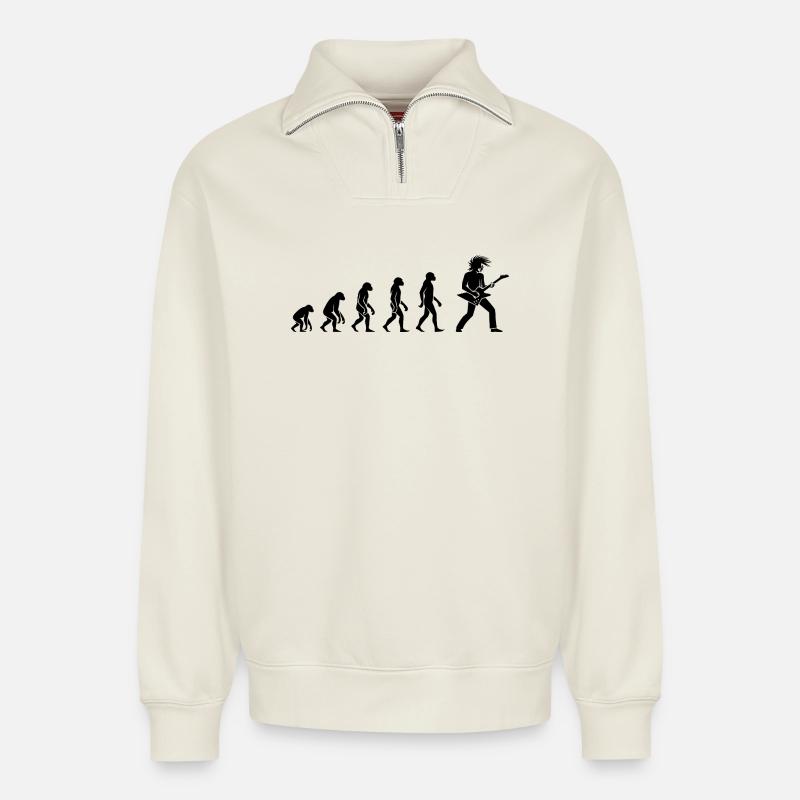 Evolution Rock 'n' Roll Gitarrist Design - Relaxed Unisex Organic Half Zip Sweatshirt – von SPREAD - Naturweiß
