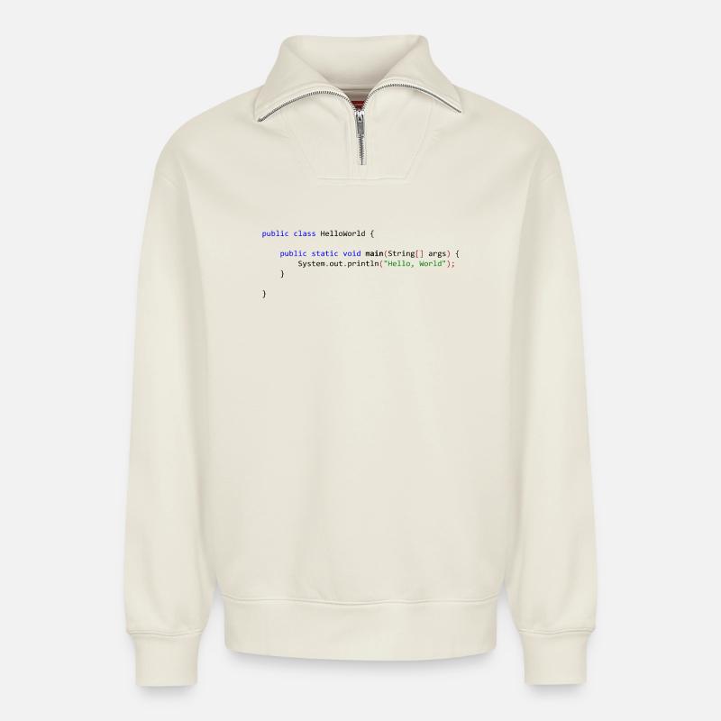 Hello World in Java - Relaxed Unisex Organic Half Zip Sweatshirt – von SPREAD - Naturweiß