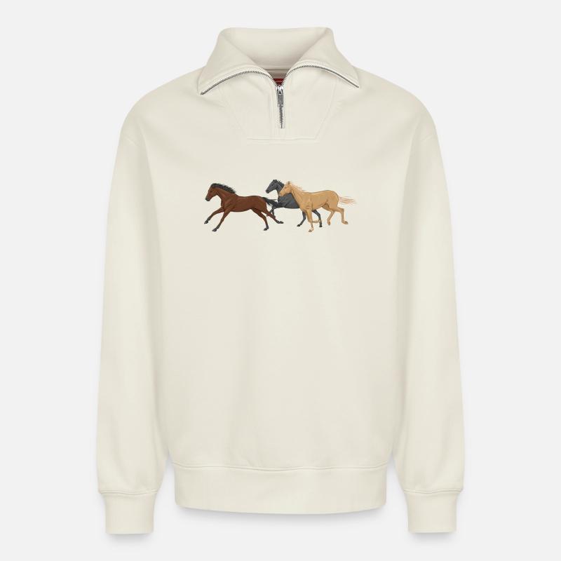 Three Horses - Relaxed Unisex Organic Half Zip Sweatshirt – von SPREAD - Naturweiß
