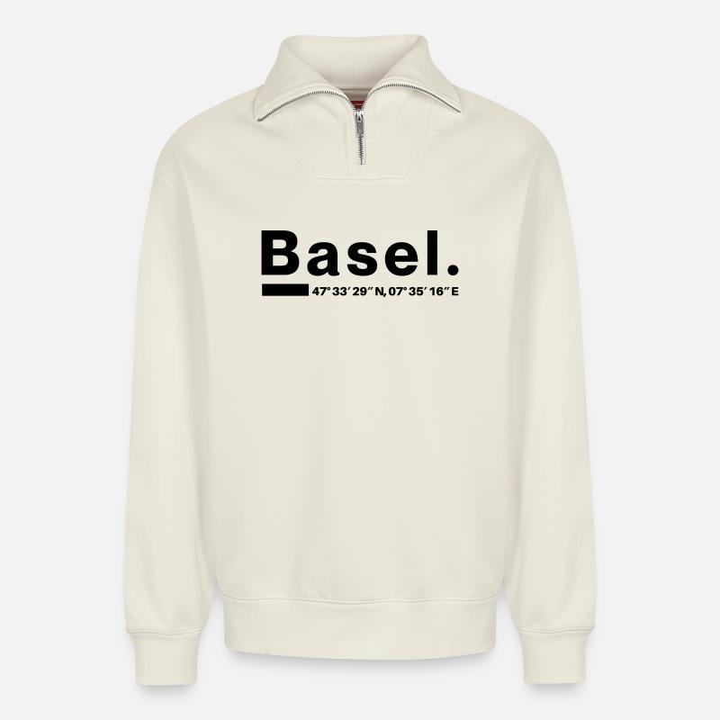 Basel Koordinaten - Relaxed Unisex Organic Half Zip Sweatshirt – von SPREAD - Naturweiß