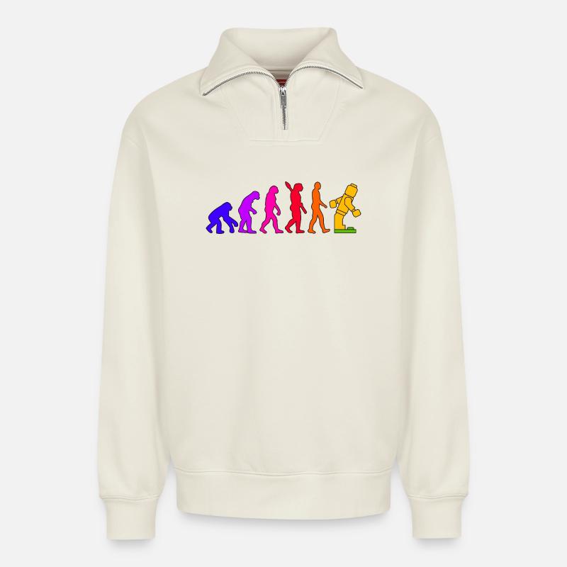 Clamping Brick Evolution Humanity Studded Brick - Relaxed Unisex Organic Half Zip Sweatshirt – by SPREAD - off white