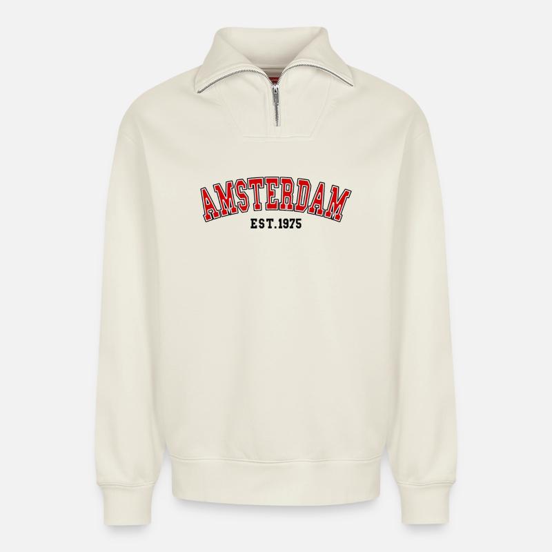 Amsterdam Est.1975 - Relaxed Unisex Organic Half Zip Sweatshirt – von SPREAD - Naturweiß