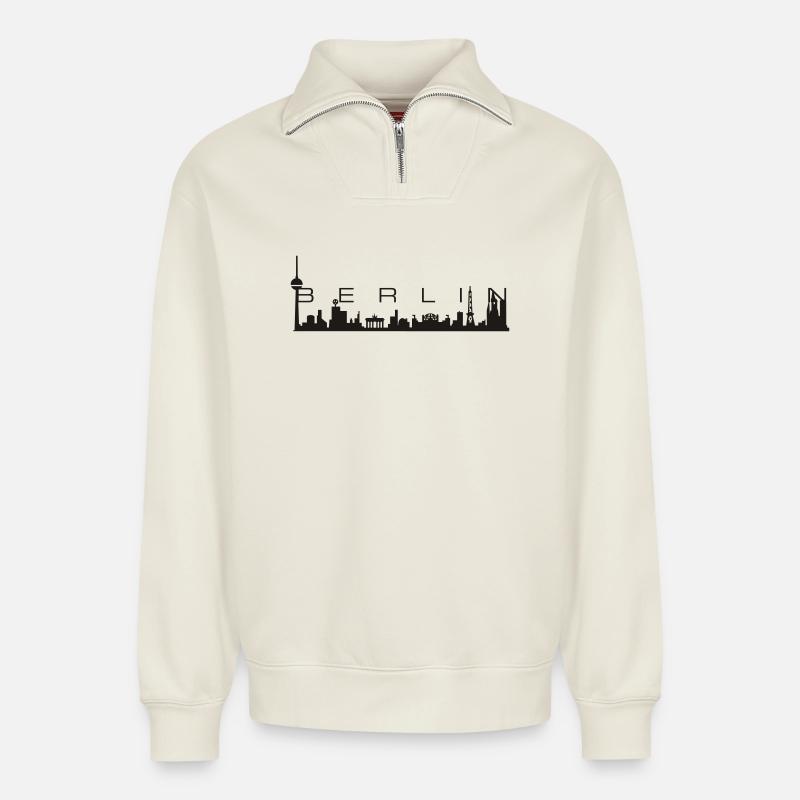 Berlin Skyline - Relaxed Unisex Organic Half Zip Sweatshirt – von SPREAD - Naturweiß