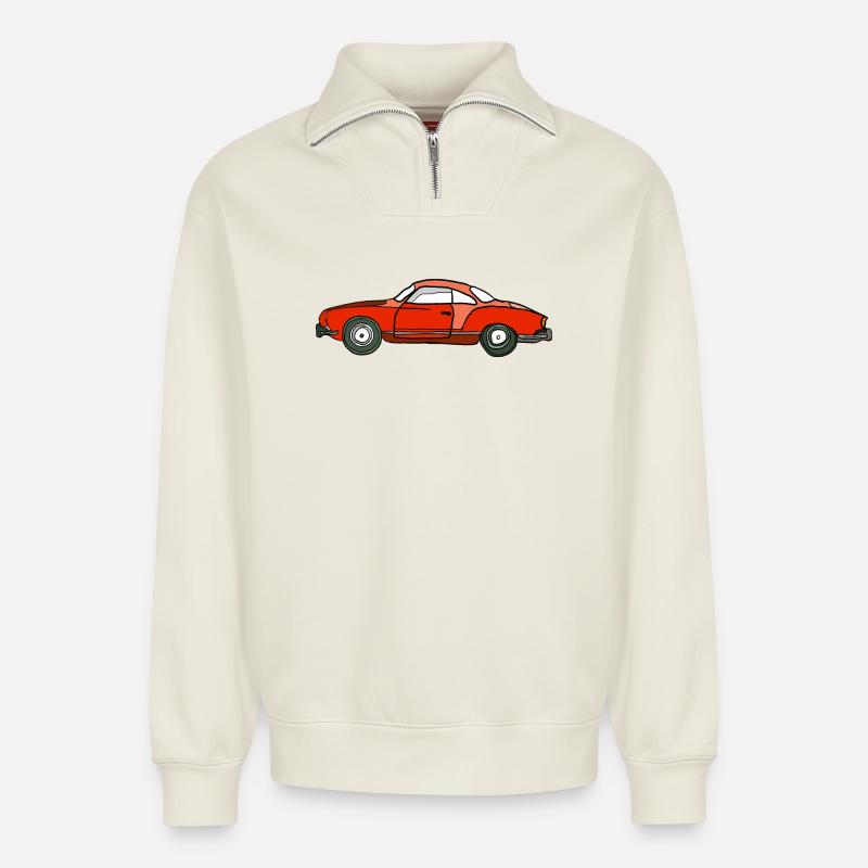 Roter Oldtimer Seitenansicht - Relaxed Unisex Organic Half Zip Sweatshirt – von SPREAD - Naturweiß