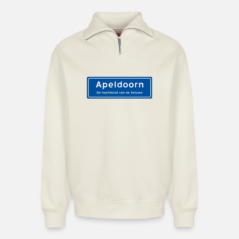 Apeldoorn Ortsschild - Relaxed Unisex Organic Half Zip Sweatshirt – von SPREAD - Naturweiß
