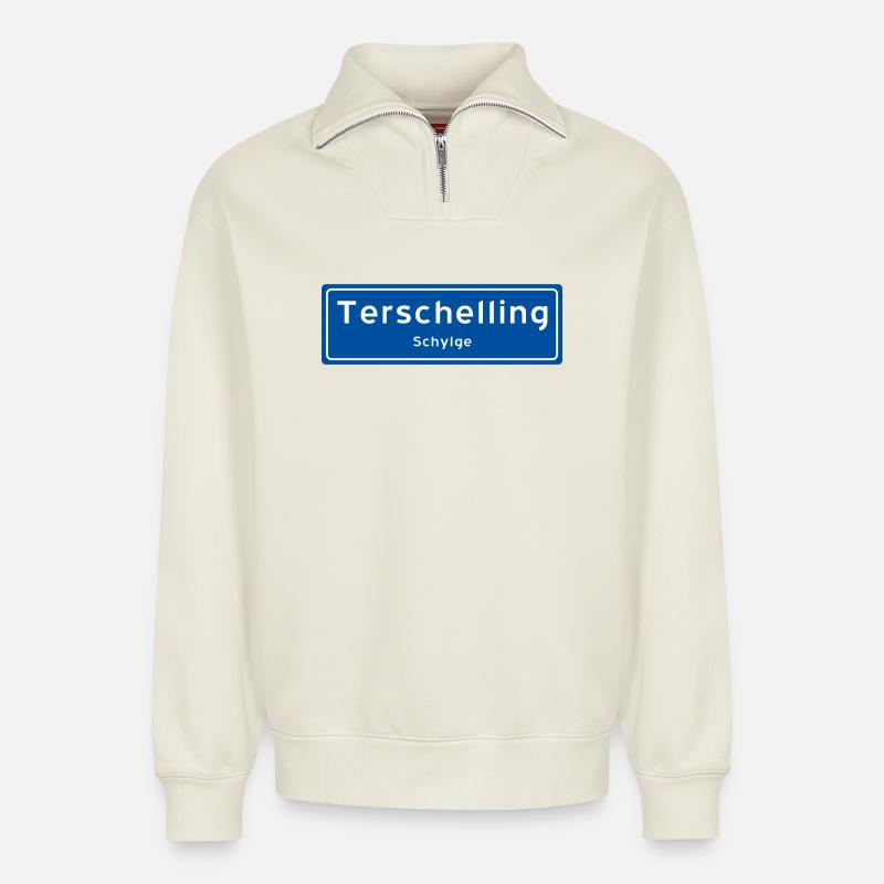 Terschelling Ortsschild - Relaxed Unisex Organic Half Zip Sweatshirt – von SPREAD - Naturweiß