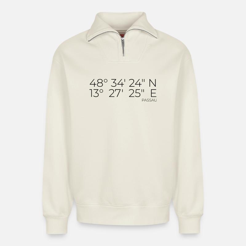 Coordonnées Passau - Sweat unisexe décontracté en coton biologique à demi-zip – de SPREAD - blanc cassé