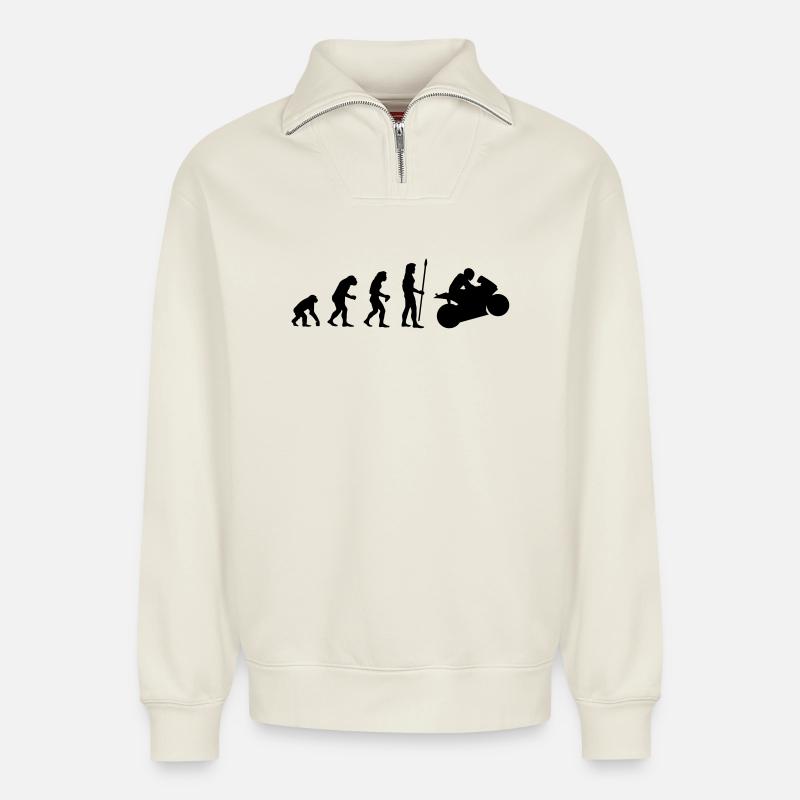 evolution_motorbike1 - Sweat unisexe décontracté en coton biologique à demi-zip – de SPREAD - blanc cassé