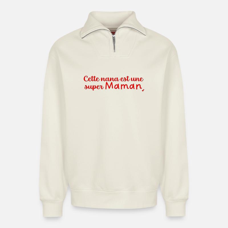 Super maman - Sweat unisexe décontracté en coton biologique à demi-zip – de SPREAD - blanc cassé