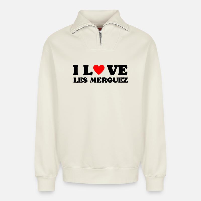 Ich liebe die Merguez - Relaxed Unisex Organic Half Zip Sweatshirt – von SPREAD - Naturweiß