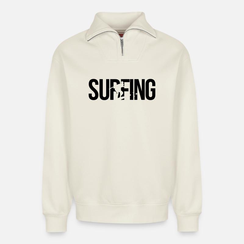 surfing Surfen - Relaxed Unisex Organic Half Zip Sweatshirt – von SPREAD - Naturweiß