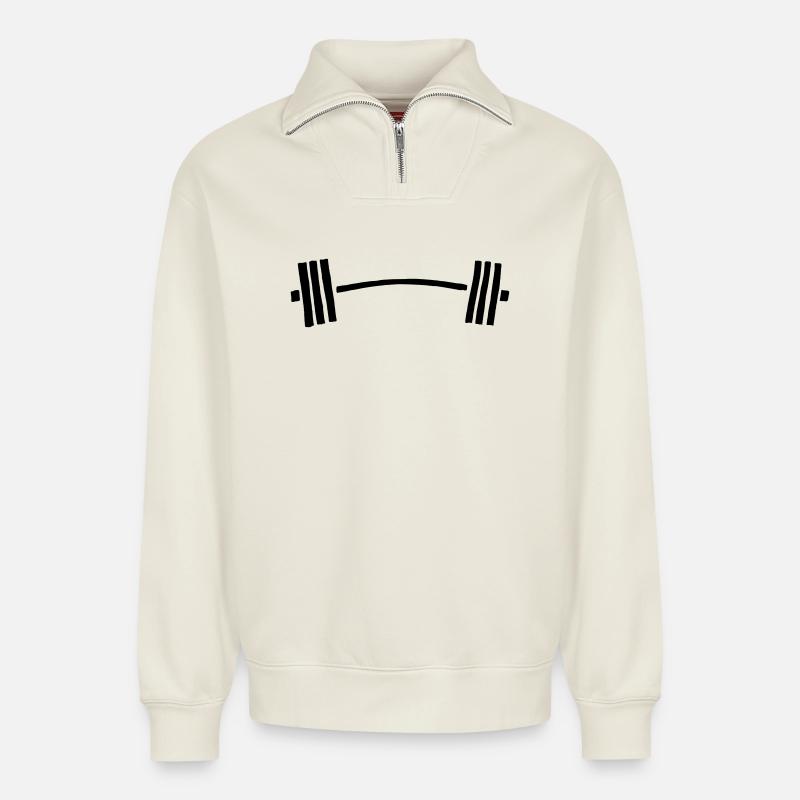 dumbbell barbell bent - Relaxed Unisex Organic Half Zip Sweatshirt – by SPREAD - off white