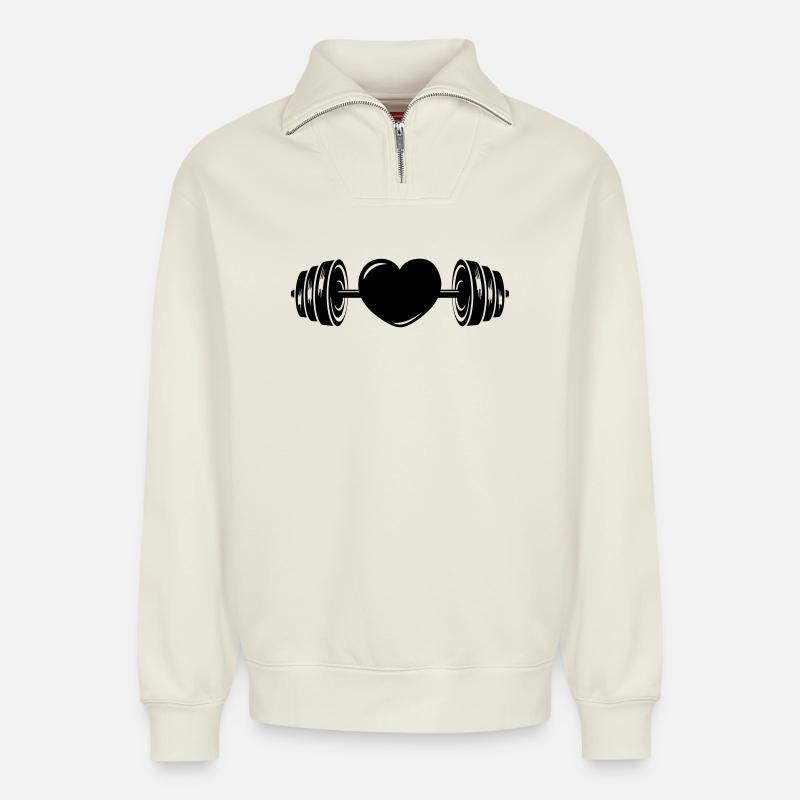 Hantel mit Herz - Relaxed Unisex Organic Half Zip Sweatshirt – von SPREAD - Naturweiß