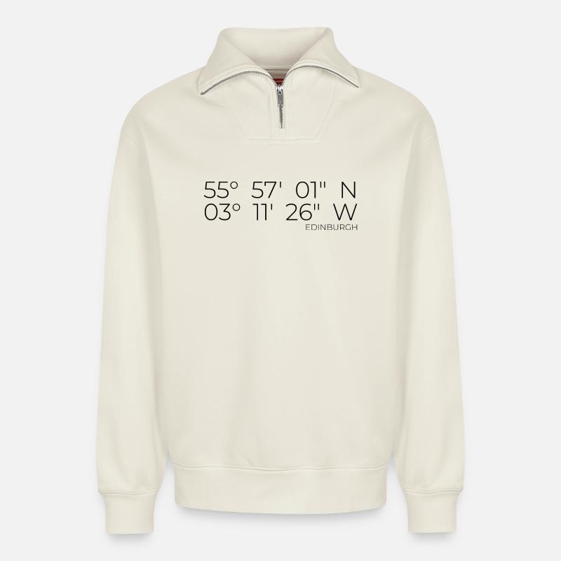 Coordonnées : Édimbourg, Écosse - Sweat unisexe décontracté en coton biologique à demi-zip – de SPREAD - blanc cassé
