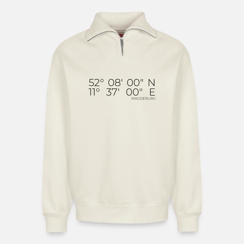 Coordinates Magdeburg - Relaxed Unisex Organic Half Zip Sweatshirt – by SPREAD - off white