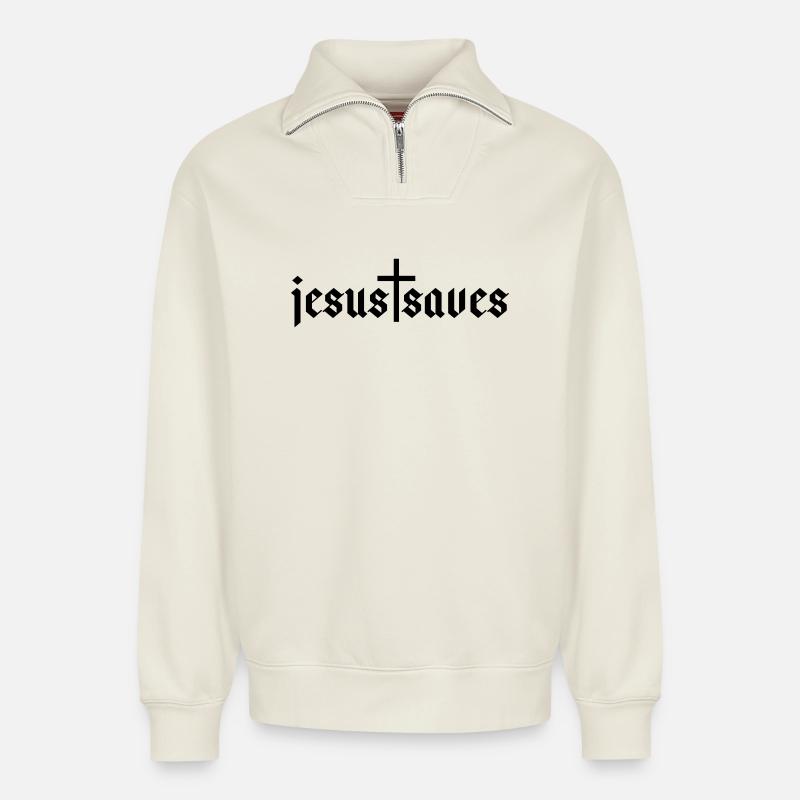 Jesus Saves - Relaxed Unisex Organic Half Zip Sweatshirt – von SPREAD - Naturweiß