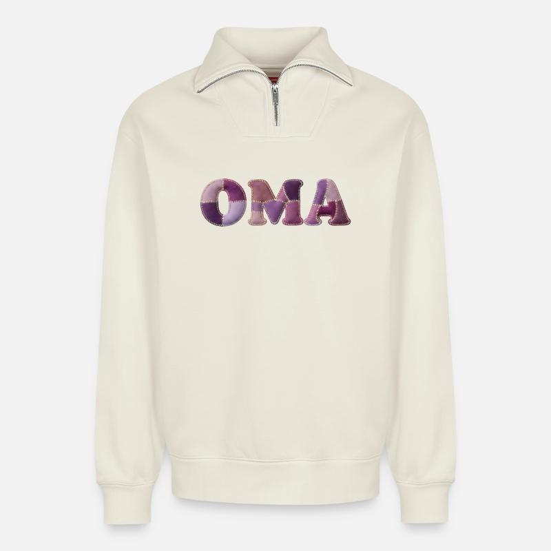 OMA Patchwork Stoff Design Geschenkidee - Relaxed Unisex Organic Half Zip Sweatshirt – von SPREAD - Naturweiß