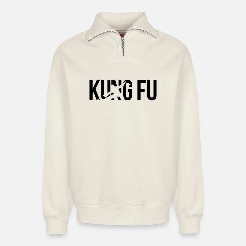 kung fu - Sweat unisexe décontracté en coton biologique à demi-zip – de SPREAD - blanc cassé
