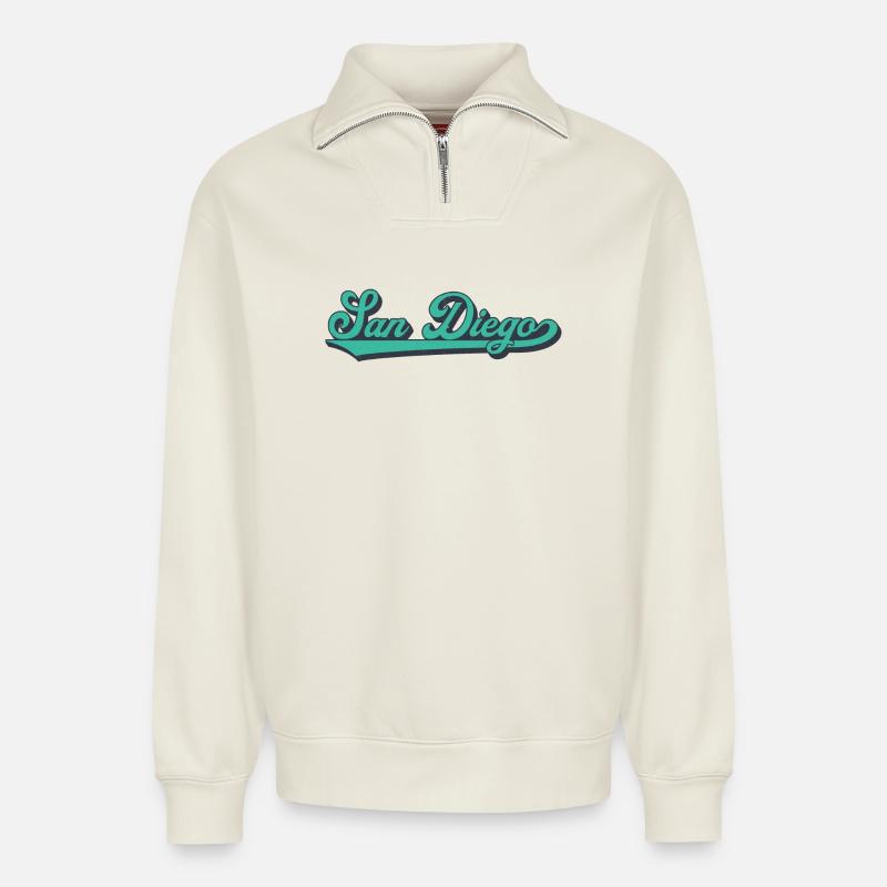 San Diego Script Retro Wave - Relaxed Unisex Organic Half Zip Sweatshirt – by SPREAD - off white
