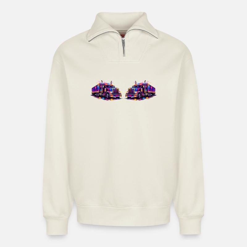 Neon-Trucks - Relaxed Unisex Organic Half Zip Sweatshirt – von SPREAD - Naturweiß