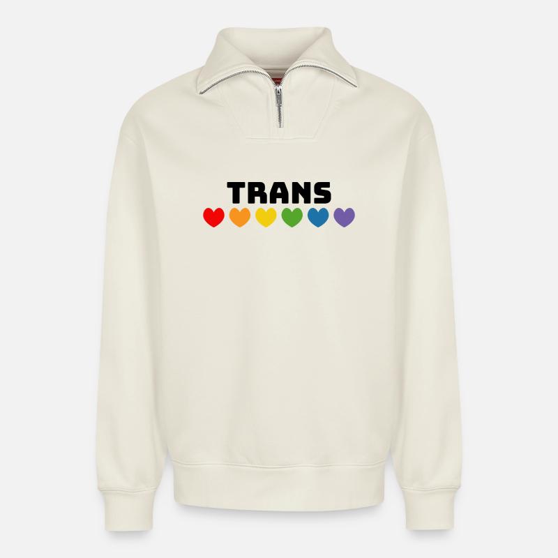 Rainbow heart trans black - Relaxed Unisex Organic Half Zip Sweatshirt – by SPREAD - off white